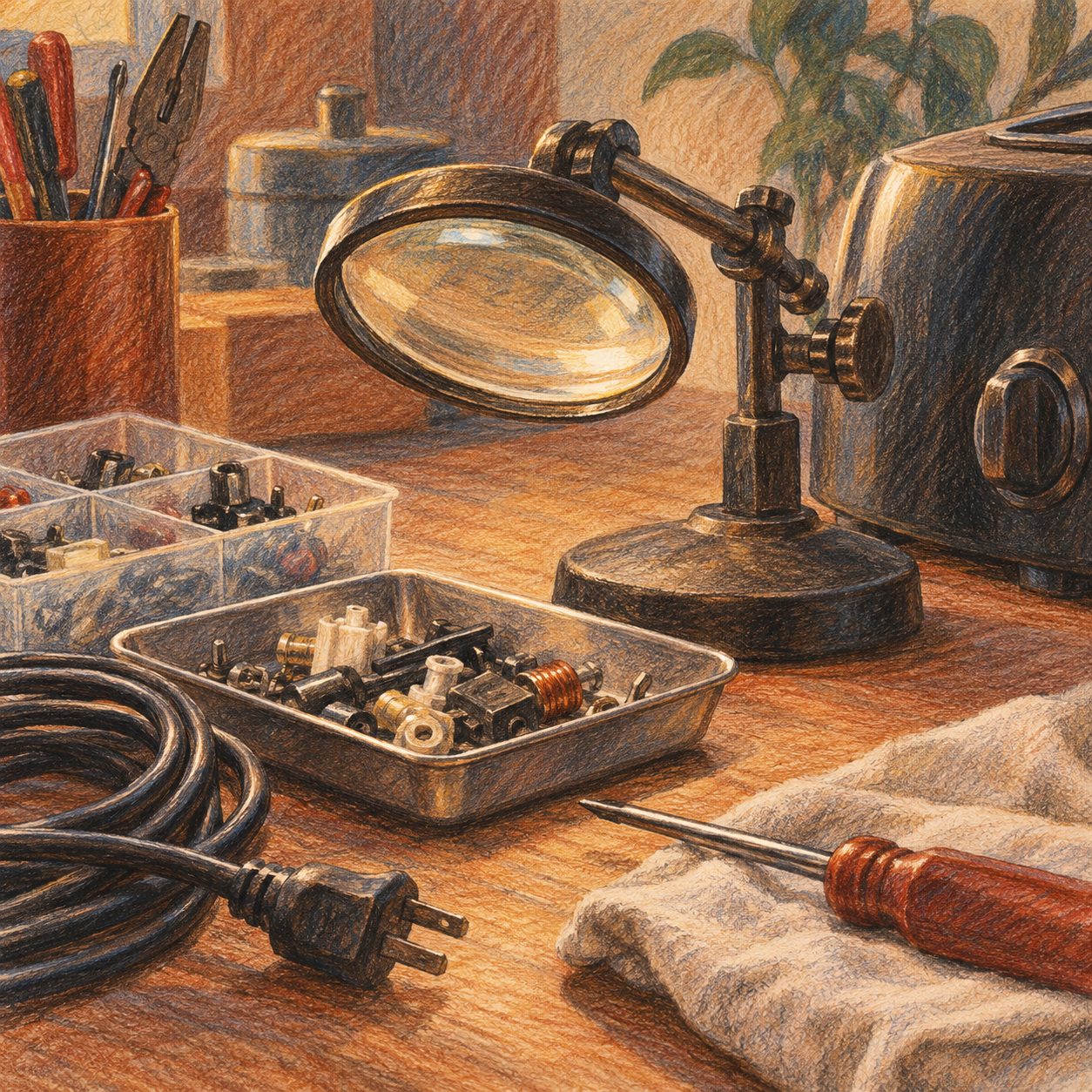 Illustration of small appliance repair bench: an analog magnifier, small component trays, coiled cable