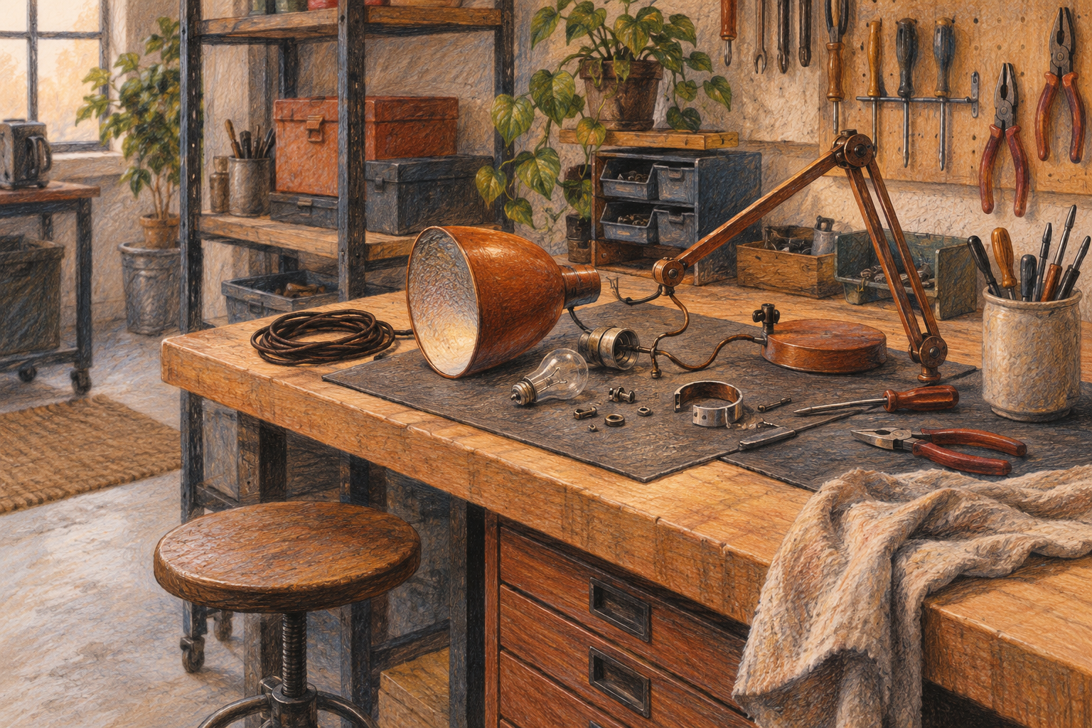 Illustration of small appliance repair bench: coiled cable, workbench drawers, a disassembled unbranded lamp