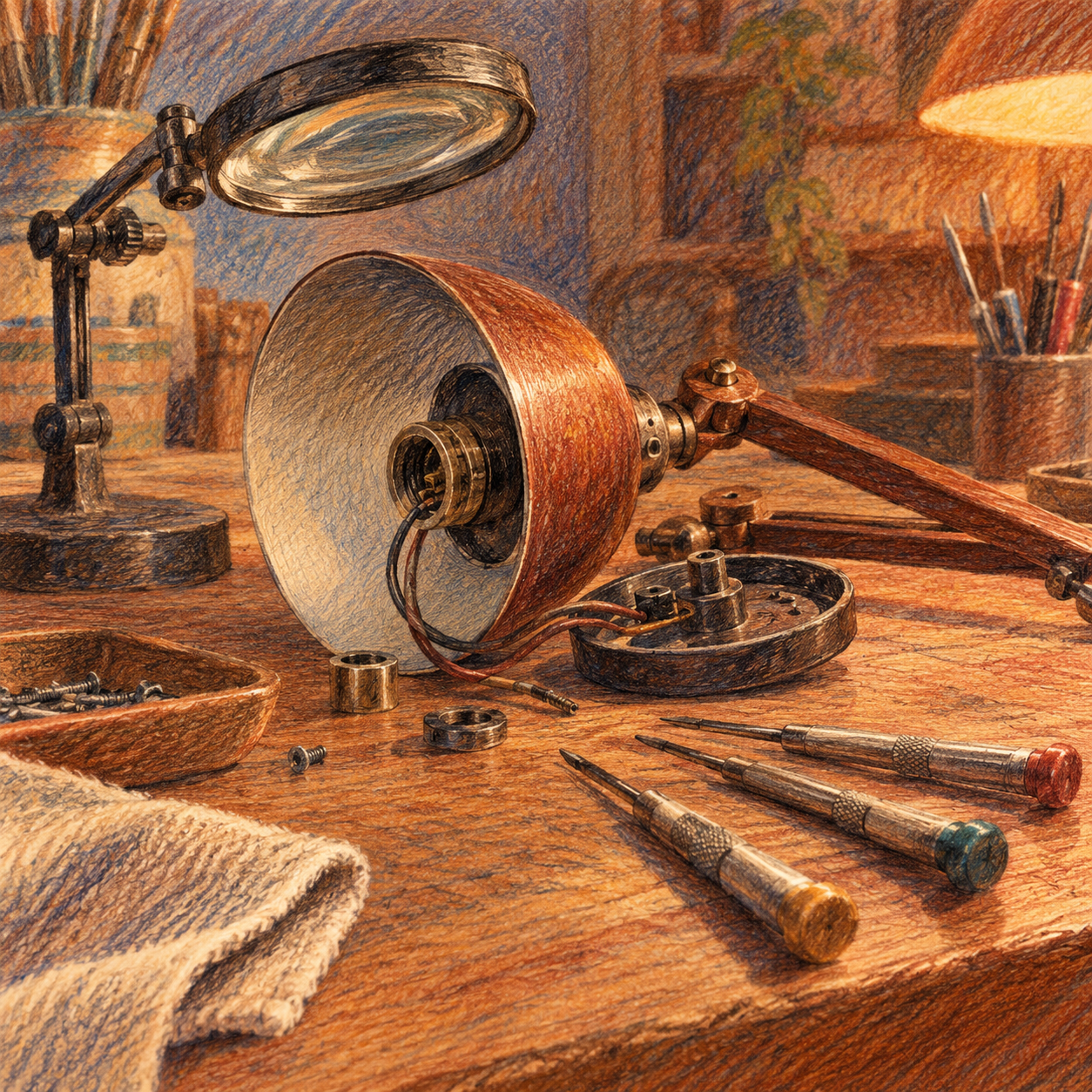 Illustration of small appliance repair bench: a disassembled unbranded lamp, precision screwdrivers, an analog magnifier